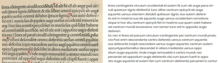 Ein Screenshot zeigt links eine Seite einer Inkunabel und rechts den per OCR extrahierten Volltext.