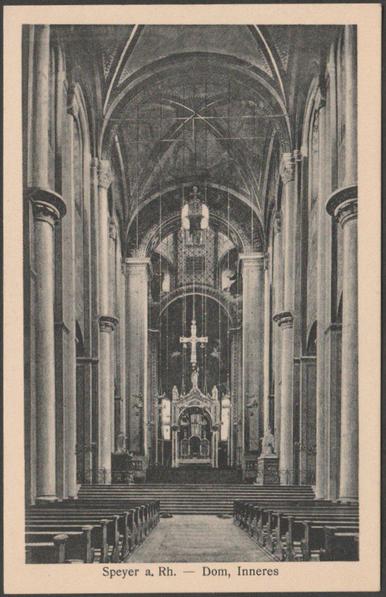 Printed monochrome postcard showing a view of the interior of the Cathedral at Speyer am Rhein in Germany.

Published by Josef Baumgärtner, Speyer am Rhein, not numbered, c.1925.

Postally unused, but dated in pencil 1925.

Very good condition, with very slight corner bumps.