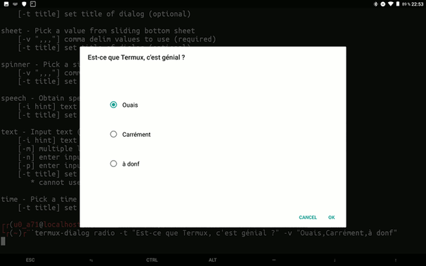 Capture d'écran de Termux avec une fenêtre de dialogue qui demande « Est-ce que Termux, c'est génial ? » On peut répondre « Ouais », « Carrément » ou « à donf ».