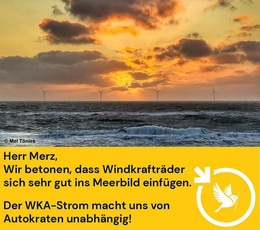 Die Sonne geht über dem Meer hinter goldenen Wolken unter.
Am Horizont sieht man vier Windkraftwerke.
Wellen rollen über den Strand im Vordergrund.
Das stimmungsvolle Bild ist von Mel Tönies.
Unter dem Bild:
Herr Merz, 
Wir betonen, dass Windkrafträder sich sehr gut ins Meerbild einfügen.

Der WKA-Strom macht uns von Autokraten unabhängig! 
Unten rechts ist unser Logo: der Ulmer Spatz im Pfeilkreis von LocalZero. (Pfeilkreis bedeutet: Ein Kreis, an dessen oberer linken Seite ein Pfeil nach unten weist)