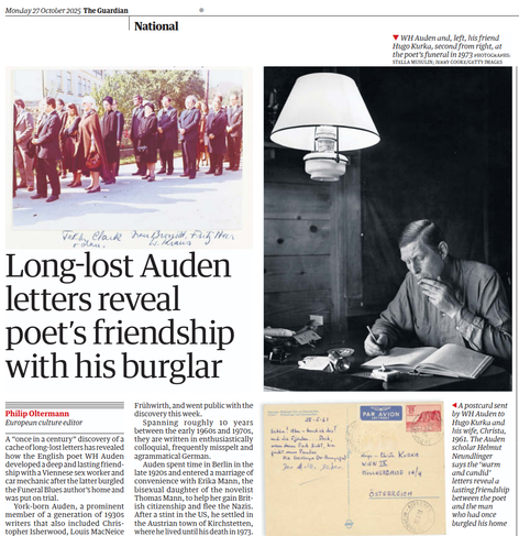 Screenshot of Guardian newspaper page (print version) carrying an Artikel titled "Long-lost Auden letters reveal poet's friendship with his burglar".