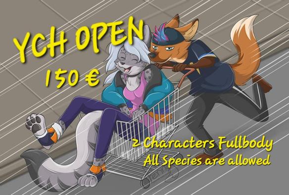 Couple YCH OPEN - Shopping Cart Fun 
A Wolf pushing a Shopping cart and run while a snow leopard girl sits in and have fun

150 € - 2 Characters Fullbody 
All Species are allowed