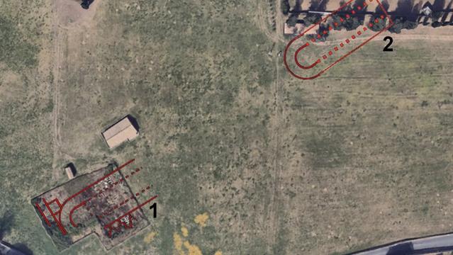 Mappa aerea delle catacombe di San Callisto a Roma, evidenziando i contorni di una chiesa funeraria circiforme e altri elementi archeologici.