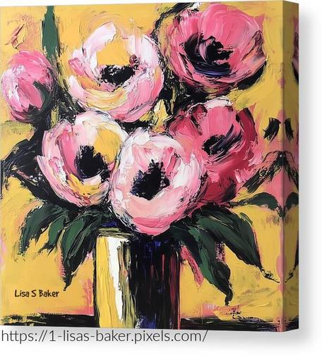 A vibrant floral painting featuring pink, cream, and golden-yellow blossoms arranged in a textured vase. Broad painterly strokes and soft light give the impression of petals dancing in sunshine, with hints of green leaves and warm golden undertones throughout, by Lisa S. Baker.