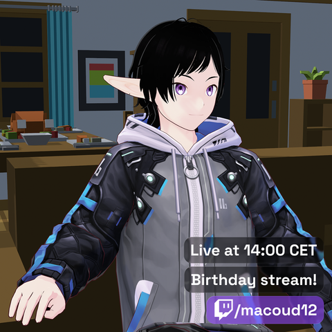 A stylized animated character with black hair, purple eyes, and pointed ears sits in a cozy room. They wear a futuristic black and gray jacket with blue accents. Behind them is a dining table with dishes and containers, potted plants, and a window with blue curtains. Overlay text reads: “Live at 14:00 CET,” “Birthday stream!” and “macoud12” with the Twitch logo.