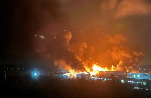 The facilities of Idealist Coffee engulfed in flames following a Russian missile attack on Oct. 26, 2025. (Photo: Idealist Coffee)