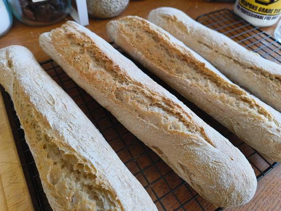 Four crusty baguettes on a cooling rack.