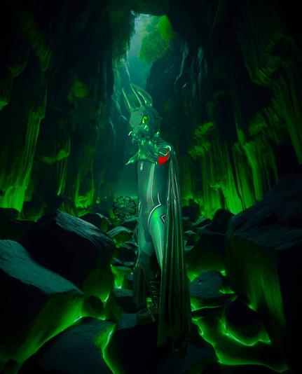 Whilst exploring a cave, you come across a rubbery wetsuit Jackal. Outstretching his hand towards you, his latex cape partially enveloping his neoprene body, he asks if you're coming on something he refers to as a 'treasure hunt' with him.

The cave is lit with green lighting, uplighting the rocky ground and the walls. The top of the cave is open, allowing a view of trees lit by the cool light of the moon.