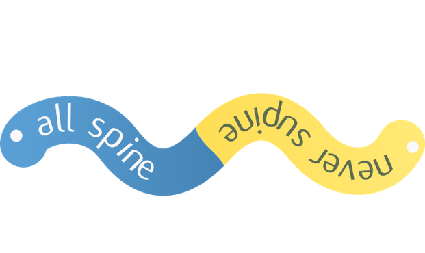 A python logo coloured two headed undulating snake with cute little eyes. The blue side on the left says "all spine" and the left side upside down says "never supine"