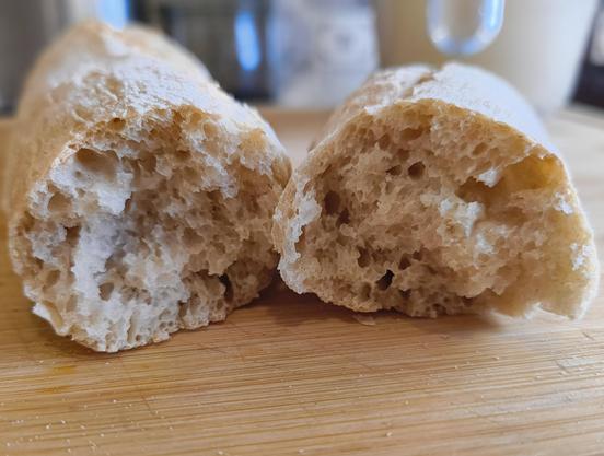 A baguette style bread, crusty with a nice texture.
