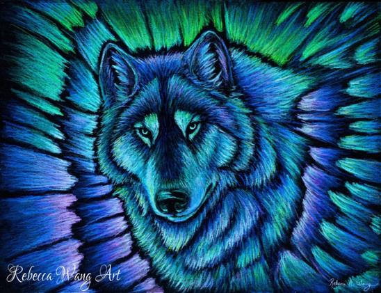 A colorful drawing of a wolf inn bright green, blue and purple colors