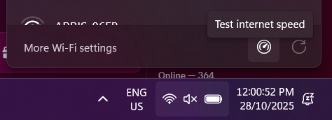 Windows 11 preview build screenshot of the Wi-Fi control center. There is a speedometer button labeled "Test internet speed" next to the refresh available networks button, which supposedly by its name would bring the user over to an actual network speed test page.