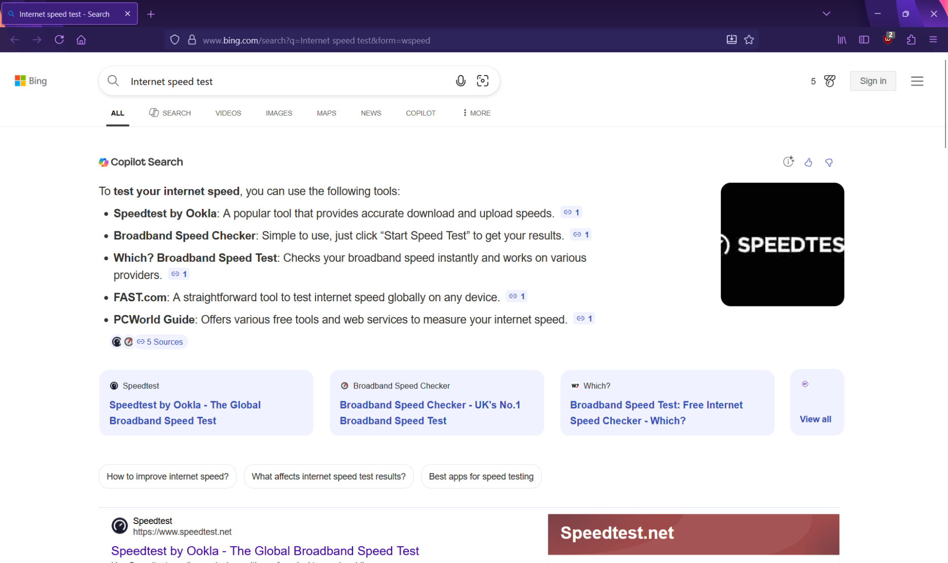 The actual result after clicking the button is Windows opening a Bing search result page for "internet speed test". The results it produces are bogus, and were clearly generated by a language learning/artificial "intelligence" model.