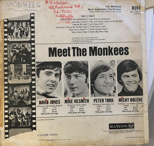 A vintage black-and-white album cover titled "Meet The Monkees," featuring four band members with their names and bios, and a filmstrip of photos on the left.
