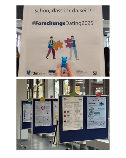 Collage mit Eindrücken vom Netzwerktreffen der FDM-Community NRW in Essen: ein Plakat mit der Aufschrift „Schön, dass ihr da seid“ und dem Hashtag #ForschungsDating2025, davor eine Hand mit dem blauen FDM.Eichhörnchen, dazu Posterwände mit Beiträgen rund um Forschungsdatenmanagement.