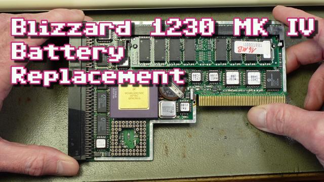 Thumbnail for my video, showing my hands holding my Blizzard 1230 Amiga accelerator card. The overlayed text reads "Blizzard 1230 MK IV Battery Replacement".