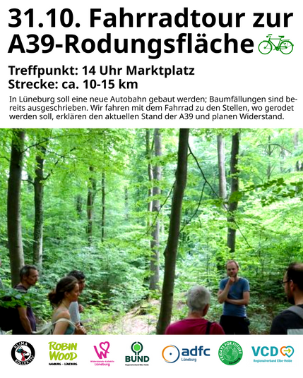 Sharepic mit Bild von menschen im Wald die einer Person zuhören. Und text
wie im Post und Logos der Verbände: Klimakollektiv, Robin Wood, Bund, Adfc, vcd