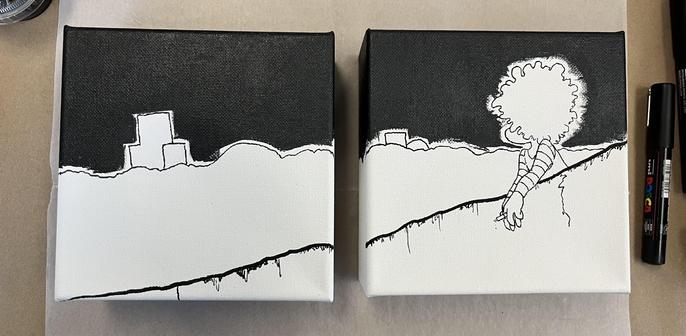 two 6" x 6" canvases sitting side by side horizontally on a piece of wax paper, slightly apart since there's wet paint on them. i drew a person with a large afro standing with their lower arms & hands hung over the side of a short wall, cigarette in their right hand. they're looking off into the distance towards hills and a couple buildings in the distance. the sky is painted pitch black on each side of the two canvases.
