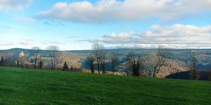 Paysage de pâturage et collines boisées sous un ciel nuageux et bleu.
De gauche à droite, une arête rocheuse, une bourgade, et en dernier plan un sommet enneigé.