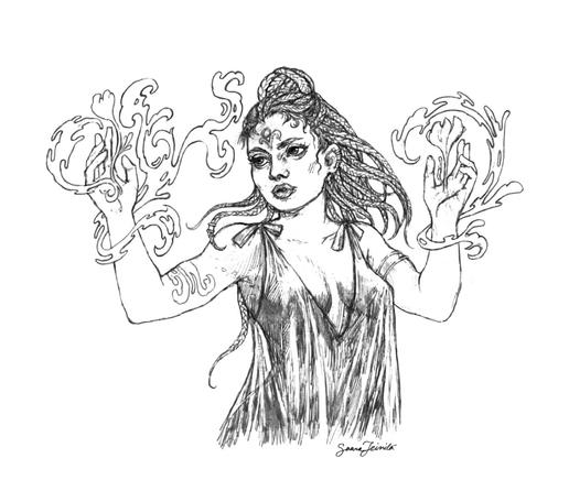 An ink drawing of a sorceress with translucent dress