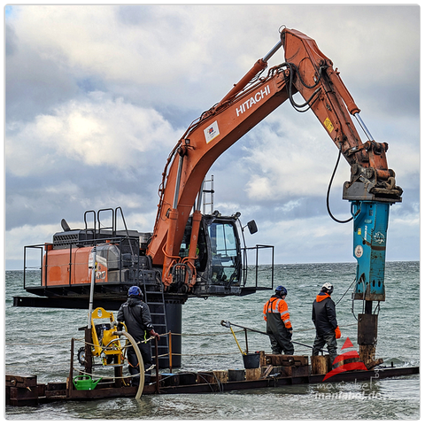 Tock, tock, tock, tock, tock - drin.
Ramme steht im Wasser und drückt das Buhnenholz in den Grund