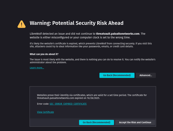 Screenshot of the site linked in the toot showing that the certificate for https://threatvault.paloaltonetworks.com/ expired earlier today.