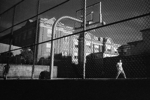 A young man watches a basketball arc toward the basket in a schoolyard.