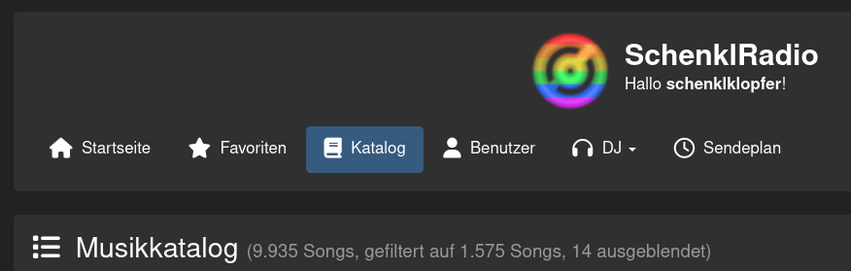 Screenshot des SchenklRadio Portals.

Relevante Zeile: (9.935 Songs, gefiltert auf 1.575 Songs, 14 ausgeblendet)