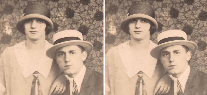 Junges Paar aus den 1920er Jahren. Links das Original, rechts die Generative Bearbeitung mit der neuen Photoshop-Version und Topaz Gigapixel.