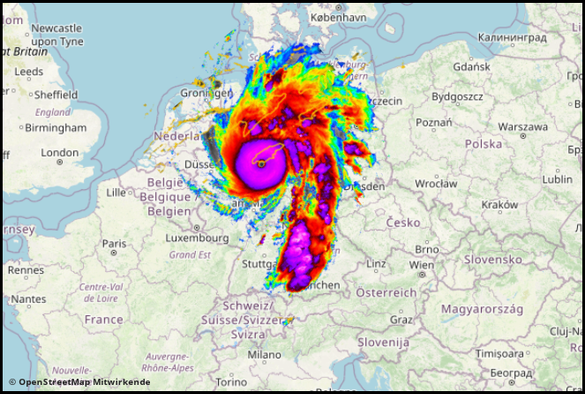 Das Bild zeigt eine farbverstärkte Satellitenaufnahme eines tropischen Wirbelsturms, der visuell über eine Karte von Deutschland gelegt wurde. Die Struktur des Sturms mit ausgeprägtem Auge und spiralartigen Regenbändern ist deutlich zu erkennen. Die Falschfarbendarstellung nutzt intensive Farben wie Violett, Rot, Orange und Grün, um unterschiedliche Temperatur- oder Niederschlagszonen hervorzuheben. Die Überlagerung suggeriert symbolisch die Ausdehnung oder Auswirkung eines Tropensturms namens „Melissa“ auf das Gebiet Deutschlands.