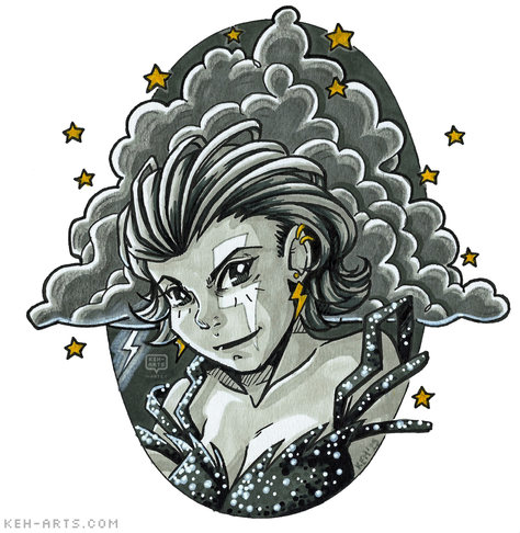A large grey storm cloud rendered in greymarkers and black pencil cryon breaks an oval frame - inside the frame a greyscale marker drawing of a manga style girl with short spiky hair with a white lightning bolt across her left eye and gold lightning bolt earrings has her head down looking up at the viewer. She has on a sparkly rough dipped neckline top with 3 straps on each side. There are gold stars all around.
