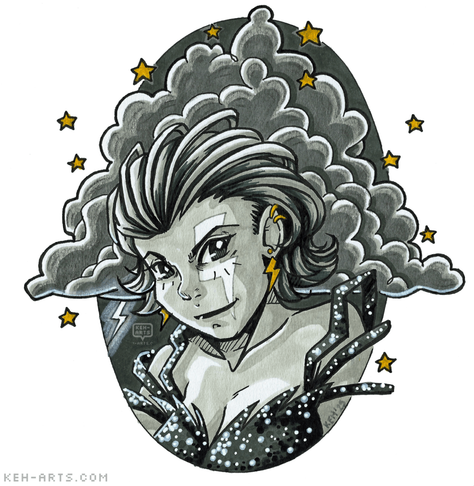 A large grey storm cloud rendered in greymarkers and black pencil cryon breaks an oval frame - inside the frame a greyscale marker drawing of a manga style girl with short spiky hair with a white lightning bolt across her left eye and gold lightning bolt earrings has her head down looking up at the viewer. She has on a sparkly rough dipped neckline top with 3 straps on each side. There are gold stars all around.