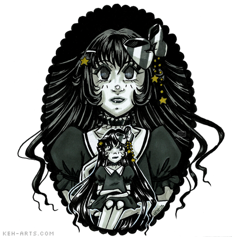 In a scalloped black oval frame - a greyscale marker drawing of a manga style girl with pale skin and long black hair weraing a grey dress with puff shoulders and white colla, a striped bow in her hair and a vacant expression. In front of her she is holding a doll which is an exact replica of her - the doll is smirking.