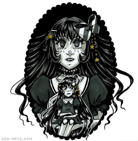 In a scalloped black oval frame - a greyscale marker drawing of a manga style girl with pale skin and long black hair weraing a grey dress with puff shoulders and white colla, a striped bow in her hair and a vacant expression. In front of her she is holding a doll which is an exact replica of her - the doll is smirking.
