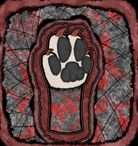 digital abstract art. a striped hyena paw lined with cloudy red and black, on a background of cloudy grey and red, and a pattern of intersecting thin black lines. the paw primarily has white fur, and grey beans, with red claws. the foreleg leading up to the paw matches the colors and texture of the background.