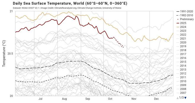 Graphe températures sst  - la courbe 2025 semble passer sous les 3 années les plus chaudes.