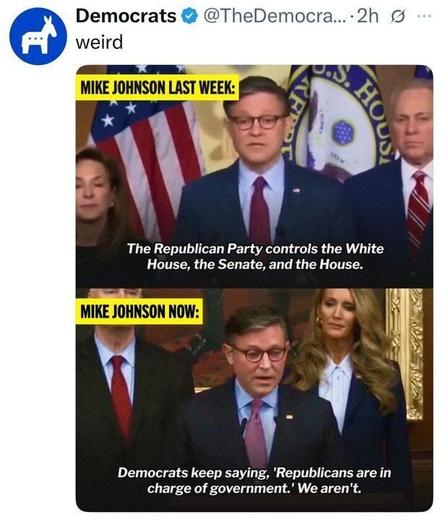 Tweet from the Democrats’ official account saying “weird.” Below are two screenshots labeled “Mike Johnson last week” and “Mike Johnson now.” In the first, Johnson says Republicans control the White House, Senate, and House. In the second, he says Republicans aren’t in charge of government.