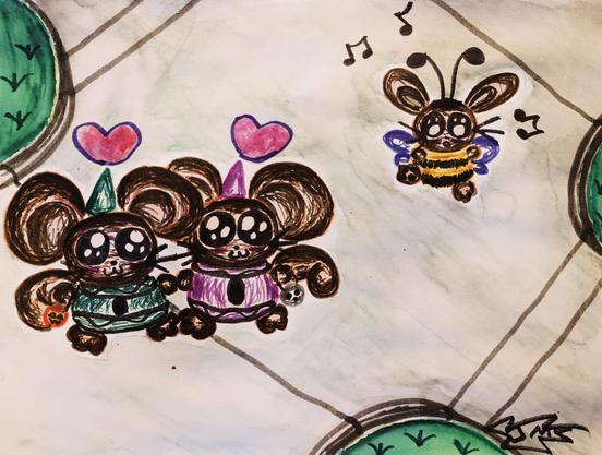 A marker drawing of a squirrel couple dressed as green and magenta crayons going trick-or-treating. There's also a bunny dressed as a bee twirling in the background.

This was drawn entirely in Crayola markers.