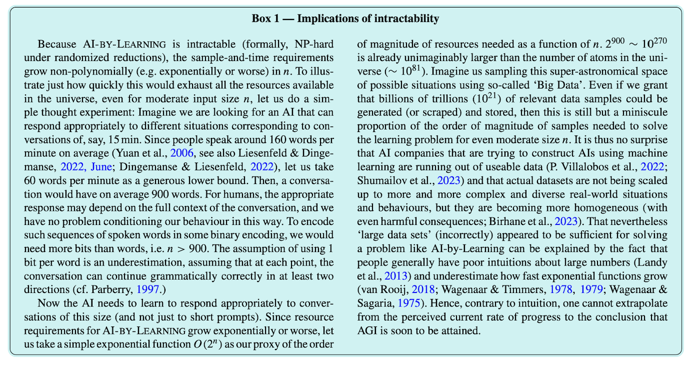 Box 1 — Implications of intractability More details in paper:  van Rooij, I., Guest, O., Adolfi, F. G., de Haan, R., Kolokolova, A., & Rich, P. (2024). Reclaiming AI as a theoretical tool for cognitive science. Computational Brain & Behavior.