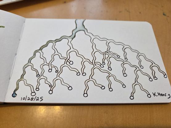 Hand drawn generative/procedural art in ink on an open page of my sketchbook. The abstract pattern looks a bit like the roots of a plant.