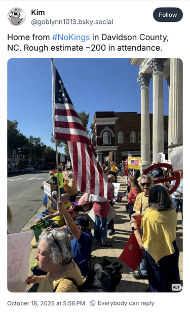 Screenshot of social media post for “No Kings 2.0” from Lexington, North Carolina.
