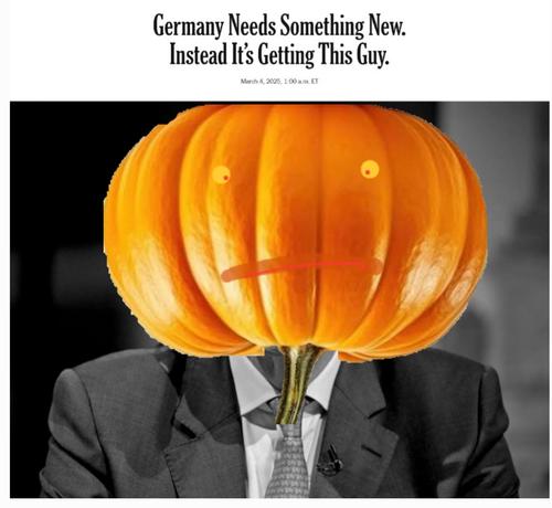 Collage:
Typ im trist-grauen Anzug mit einem orangenem Kürbiskopf unter der Überschrift "Germany needs something new. Instead it's getting this guy."