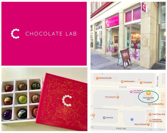 Chocolate Lab logo + chocolate box + street view + map location on Stephen Ave at 1st St SW