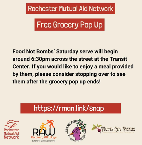 Food Not Bombs' Saturday serve will begin around 6:30PM across the street at the Transit Center. If you would like to enjoy a meal provided by them, please consider stopping over to see them after the grocery pop up ends!