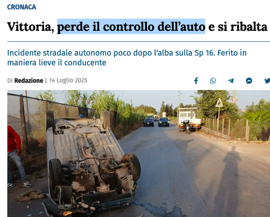Ritaglio di giornale con titolo 'perde il controllo dell'auto e si ribalta'. analisi per la rubrica [*Come i giornali e i giornalisti raccontano gli scontri stradali*]