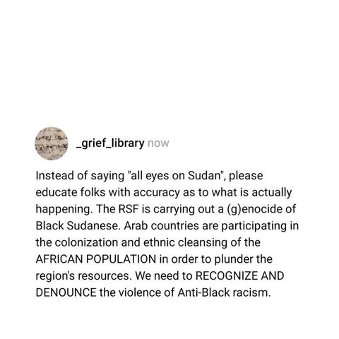 A post from user _grief_library:
"Instead of saying "all eyes on Sudan", please educate folks with accuracy as to what is actually happening. The RSF is carrying out a (g) enocide of Black Sudanese. Arab countries are participating in the colonization and ethnic cleansing of the AFRICAN POPULATION in order to plunder the region's resources. We need to RECOGNIZE AND DENOUNCE the violence of Anti-Black racism."