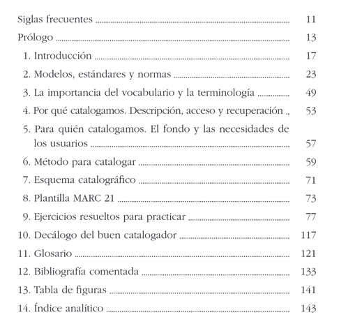 Se ve el índice de la Cartilla para Catalogar:

Siglas frecuentes 11
Prólogo 13
1. Introducción 17
2. Modelos, estándares y normas 23
3. La importancia del vocabulario y la terminología 49
4. Por qué catalogamos. Descripción, acceso y recuperación 53
5. Para quién catalogamos. El fondo y las necesidades de
los usuarios 57
6. Método para catalogar 59
7. Esquema catalográfico 71
8. Plantilla MARC 21 73
9. Ejercicios resueltos para practicar 77
10. Decálogo del buen catalogador 117
11. Glosario 121
12. Bibliografía comentada 133
13. Tabla de figuras 141
14. Índice analítico 143