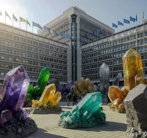 generata AI Commissione Europea con le bandiere, e sul piazzale antistante delle terre rare