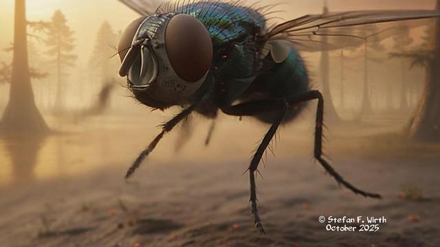 Fly with phoretic mites lands on the dinosaur dung heap, created AI assisted, © Stefan F. Wirth Berlin, October 2025