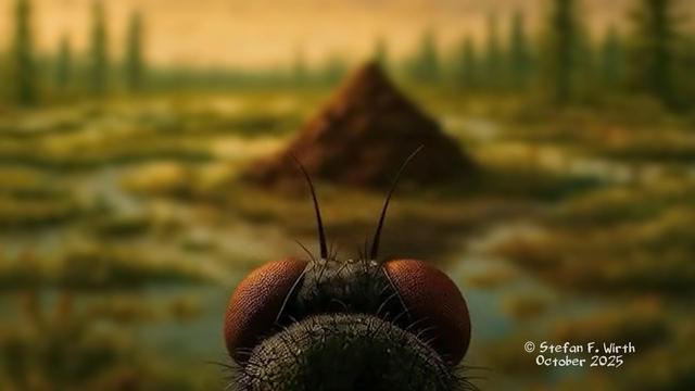 Phoresy: A fly, carrying phoretic mite passengers on its flight to a fresh dinosaur dung heap, created AI assisted, © Stefan F. Wirth Berlin, October 2025